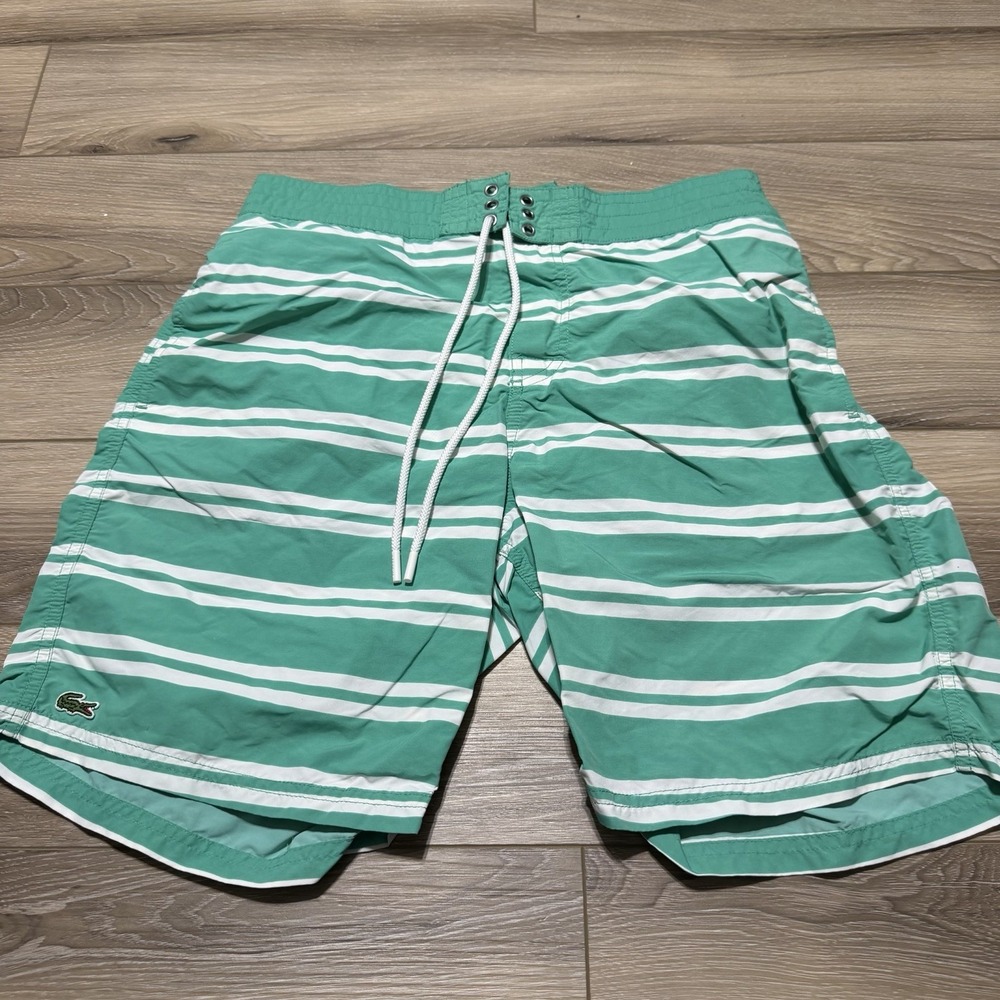 Lacoste Mens Size‎ M Striped Mesh Lined Swim Trunks Green & White